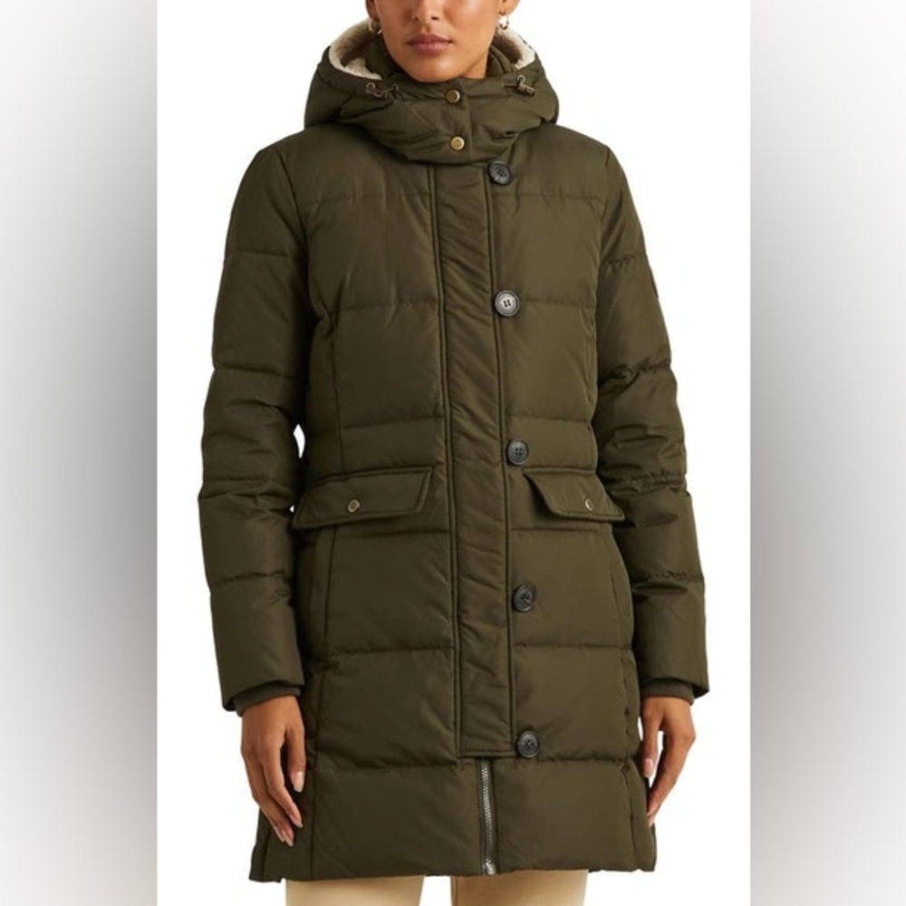 Lauren Ralph Lauren Olive Green Down Insulated Mid Length Hooded Coat